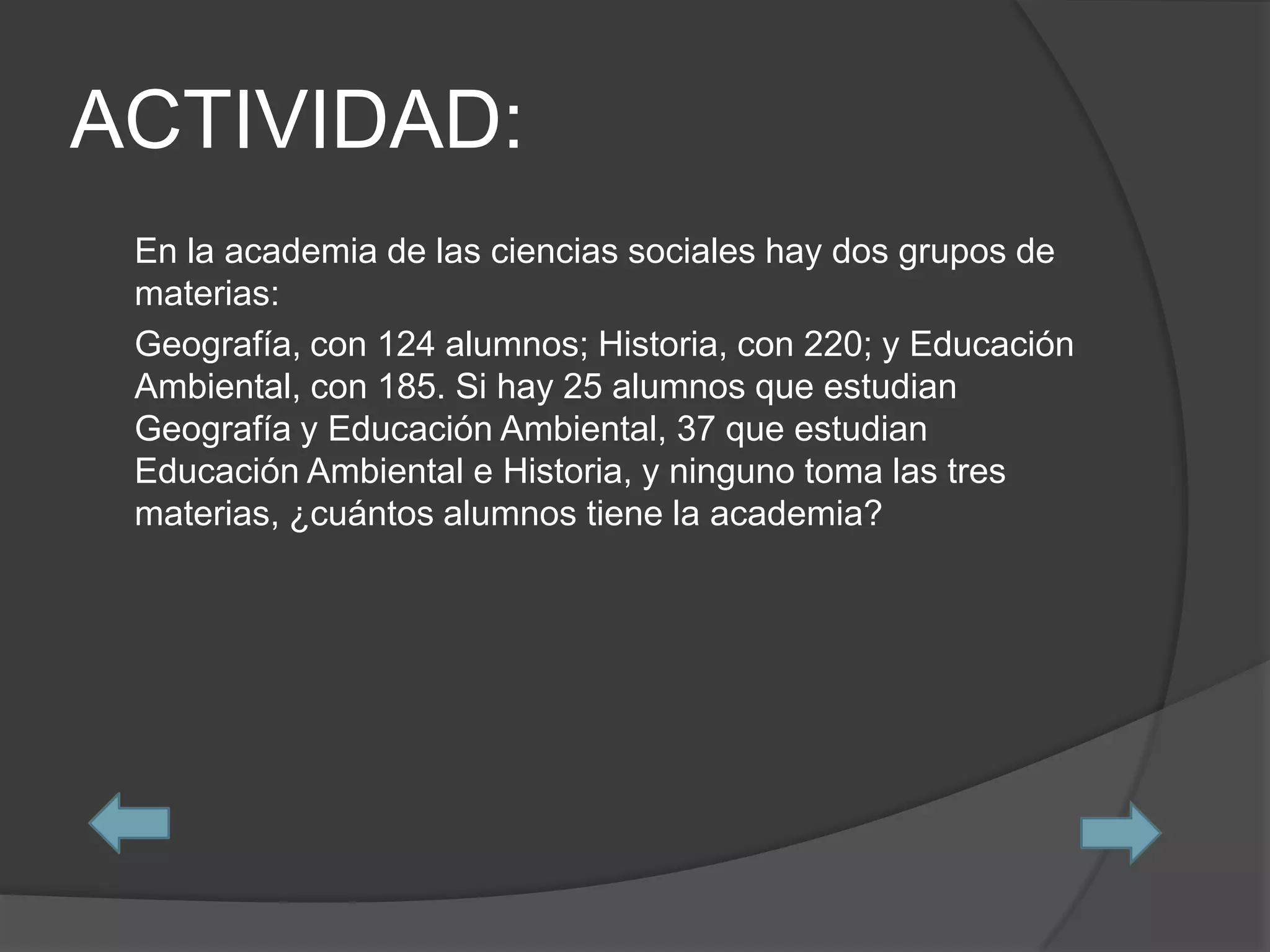 ACTIVIDAD:
 En la academia de las ciencias sociales hay dos grupos de
 materias:
 Geografía, con 124 alumnos; Historia, con 220; y Educación
 Ambiental, con 185. Si hay 25 alumnos que estudian
 Geografía y Educación Ambiental, 37 que estudian
 Educación Ambiental e Historia, y ninguno toma las tres
 materias, ¿cuántos alumnos tiene la academia?
 
