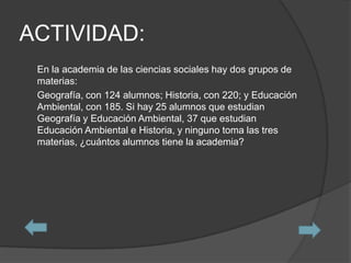 ACTIVIDAD:
 En la academia de las ciencias sociales hay dos grupos de
 materias:
 Geografía, con 124 alumnos; Historia, con 220; y Educación
 Ambiental, con 185. Si hay 25 alumnos que estudian
 Geografía y Educación Ambiental, 37 que estudian
 Educación Ambiental e Historia, y ninguno toma las tres
 materias, ¿cuántos alumnos tiene la academia?
 