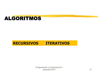 ALGORITMOS 
RECURSIVOS ITERATIVOS 
Programación y Computación II 
semestre 2014 17 
 