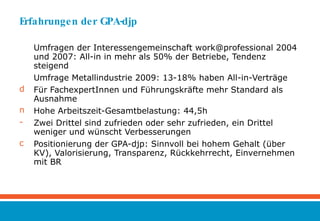 Erfahrungen der GPA-djp  Umfragen der Interessengemeinschaft work@professional 2004 und 2007: All-in in mehr als 50% der Betriebe, Tendenz steigend Umfrage Metallindustrie 2009: 13-18% haben All-in-Verträge Für FachexpertInnen und Führungskräfte mehr Standard als Ausnahme Hohe Arbeitszeit-Gesamtbelastung: 44,5h Zwei Drittel sind zufrieden oder sehr zufrieden, ein Drittel weniger und wünscht Verbesserungen Positionierung der GPA-djp: Sinnvoll bei hohem Gehalt (über KV), Valorisierung, Transparenz, Rückkehrrecht, Einvernehmen mit BR 