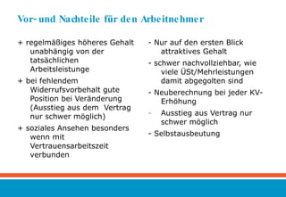 Vor- und Nachteile für den Arbeitnehmer + regelmäßiges höheres Gehalt unabhängig von der tatsächlichen Arbeitsleistunge + bei fehlendem Widerrufsvorbehalt gute Position bei Veränderung (Ausstieg aus dem  Vertrag nur schwer möglich)  + soziales Ansehen besonders wenn mit Vertrauensarbeitszeit verbunden  - Nur auf den ersten Blick attraktives Gehalt - schwer nachvollziehbar, wie viele ÜSt/Mehrleistungen damit abgegolten sind  - Neuberechnung bei jeder KV-Erhöhung Ausstieg aus Vertrag nur schwer möglich - Selbstausbeutung 