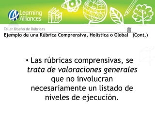 Taller Diseño de Rúbricas
Ejemplo de una Rúbrica Comprensiva, Holística o Global (Cont.)




             • Las rúbricas comprensivas, se
             trata de valoraciones generales
                     que no involucran
               necesariamente un listado de
                   niveles de ejecución.
 