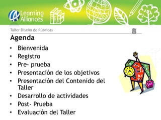 Taller Diseño de Rúbricas

Agenda
• Bienvenida
• Registro
• Pre- prueba
• Presentación de los objetivos
• Presentación del Contenido del
  Taller
• Desarrollo de actividades
• Post- Prueba
• Evaluación del Taller
 