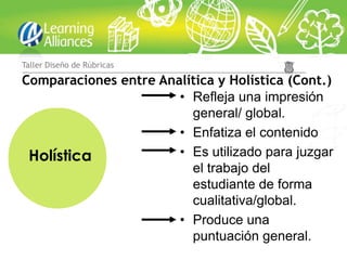Taller Diseño de Rúbricas

Comparaciones entre Analítica y Holística (Cont.)
                       • Refleja una impresión
                         general/ global.
                       • Enfatiza el contenido
 Holística             • Es utilizado para juzgar
                         el trabajo del
                         estudiante de forma
                         cualitativa/global.
                       • Produce una
                         puntuación general.
 