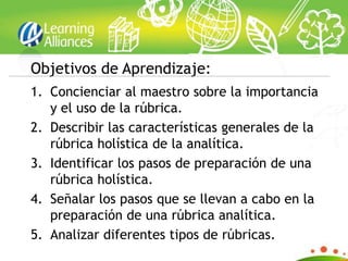 Objetivos de Aprendizaje:
1. Concienciar al maestro sobre la importancia
   y el uso de la rúbrica.
2. Describir las características generales de la
   rúbrica holística de la analítica.
3. Identificar los pasos de preparación de una
   rúbrica holística.
4. Señalar los pasos que se llevan a cabo en la
   preparación de una rúbrica analítica.
5. Analizar diferentes tipos de rúbricas.
 