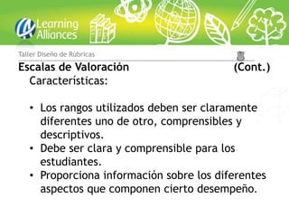 Taller Diseño de Rúbricas

Escalas de Valoración                     (Cont.)
  Características:

   • Los rangos utilizados deben ser claramente
     diferentes uno de otro, comprensibles y
     descriptivos.
   • Debe ser clara y comprensible para los
     estudiantes.
   • Proporciona información sobre los diferentes
     aspectos que componen cierto desempeño.
 