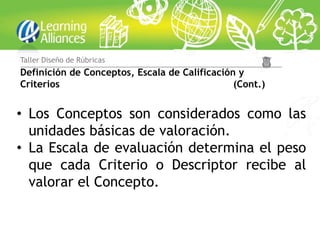 Taller Diseño de Rúbricas
Definición de Conceptos, Escala de Calificación y
Criterios                                      (Cont.)


• Los Conceptos son considerados como las
  unidades básicas de valoración.
• La Escala de evaluación determina el peso
  que cada Criterio o Descriptor recibe al
  valorar el Concepto.
 