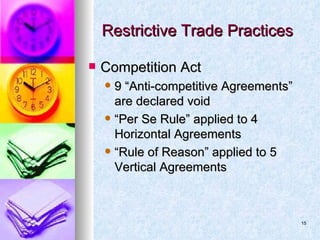 Restrictive Trade Practices Competition Act 9 “Anti-competitive Agreements” are declared void “Per Se Rule” applied to 4 Horizontal Agreements “Rule of Reason” applied to 5 Vertical Agreements 