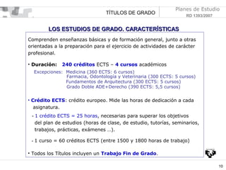 TÍTULOS DE GRADO

Planes de Estudio
RD 1393/2007

LOS ESTUDIOS DE GRADO. CARACTERÍSTICAS
Comprenden enseñanzas básicas y de formación general, junto a otras
orientadas a la preparación para el ejercicio de actividades de carácter
profesional.
• Duración:

240 créditos ECTS – 4 cursos académicos

Excepciones: Medicina (360 ECTS: 6 cursos)
Farmacia, Odontología y Veterinaria (300 ECTS: 5 cursos)
Fundamentos de Arquitectura (300 ECTS: 5 cursos)
Grado Doble ADE+Derecho (390 ECTS: 5,5 cursos)
• Crédito ECTS: crédito europeo. Mide las horas de dedicación a cada

asignatura.
- 1 crédito ECTS = 25 horas, necesarias para superar los objetivos
del plan de estudios (horas de clase, de estudio, tutorías, seminarios,
trabajos, prácticas, exámenes …).
- 1 curso = 60 créditos ECTS (entre 1500 y 1800 horas de trabajo)

• Todos los Títulos incluyen un Trabajo Fin de Grado.
10

 