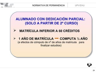 NORMATIVA DE PERMANENCIA

UPV/EHU

ALUMNADO CON DEDICACIÓN PARCIAL:
ALUMNADO CON DEDICACIÓN PARCIAL:
(SOLO A PARTIR DE 2º CURSO)
(SOLO A PARTIR DE 2º CURSO)

 MATRÍCULA INFERIOR A 60 CRÉDITOS
 MATRÍCULA INFERIOR A 60 CRÉDITOS
 1 AÑO DE MATRÍCULA
 1 AÑO DE MATRÍCULA

COMPUTA ½ AÑO
COMPUTA ½ AÑO

(a efectos de cómputo de nº de años de matrícula para
(a efectos de cómputo de nº de años de matrícula para
finalizar estudios)
finalizar estudios)

24

 