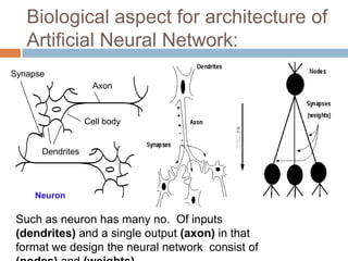 Biological aspect for architecture of
Artificial Neural Network:
Such as neuron has many no. Of inputs
(dendrites) and a single output (axon) in that
format we design the neural network consist of
Synapse
Axon
Cell body
Dendrites
Neuron
 