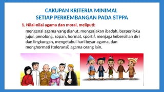CAKUPAN KRITERIA MINIMAL
SETIAP PERKEMBANGAN PADA STPPA
1. Nilai-nilai agama dan moral, meliputi:
mengenal agama yang dianut, mengerjakan ibadah, berperilaku
jujur, penolong, sopan, hormat, sportif, menjaga kebersihan diri
dan lingkungan, mengetahui hari besar agama, dan
menghormati (toleransi) agama orang lain.
 