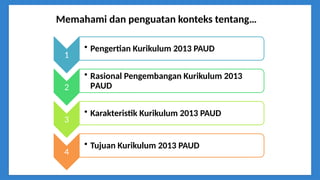 Memahami dan penguatan konteks tentang…
1
• Pengertian Kurikulum 2013 PAUD
2
• Rasional Pengembangan Kurikulum 2013
PAUD
3
• Karakteristik Kurikulum 2013 PAUD
4
• Tujuan Kurikulum 2013 PAUD
 