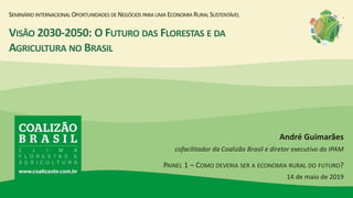 SEMINÁRIO INTERNACIONAL OPORTUNIDADES DE NEGÓCIOS PARA UMA ECONOMIA RURAL SUSTENTÁVEL
PAINEL 1 – COMO DEVERIA SER A ECONOMIA RURAL DO FUTURO?
14 de maio de 2019
André Guimarães
cofacilitador da Coalizão Brasil e diretor executivo do IPAM
VISÃO 2030-2050: O FUTURO DAS FLORESTAS E DA
AGRICULTURA NO BRASIL
 