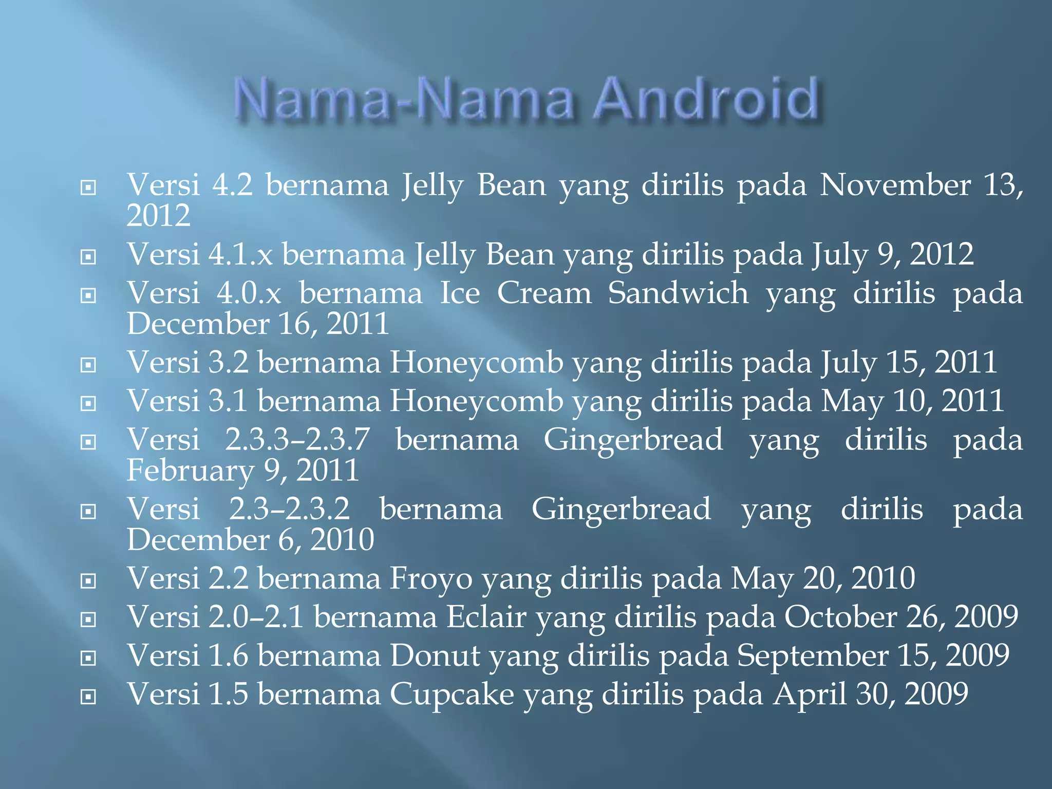 











Versi 4.2 bernama Jelly Bean yang dirilis pada November 13,
2012
Versi 4.1.x bernama Jelly Bean yang dirilis pada July 9, 2012
Versi 4.0.x bernama Ice Cream Sandwich yang dirilis pada
December 16, 2011
Versi 3.2 bernama Honeycomb yang dirilis pada July 15, 2011
Versi 3.1 bernama Honeycomb yang dirilis pada May 10, 2011
Versi 2.3.3–2.3.7 bernama Gingerbread yang dirilis pada
February 9, 2011
Versi 2.3–2.3.2 bernama Gingerbread yang dirilis pada
December 6, 2010
Versi 2.2 bernama Froyo yang dirilis pada May 20, 2010
Versi 2.0–2.1 bernama Eclair yang dirilis pada October 26, 2009
Versi 1.6 bernama Donut yang dirilis pada September 15, 2009
Versi 1.5 bernama Cupcake yang dirilis pada April 30, 2009

 
