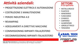 Attività aziendali: SETTORI
• METALLURGICO
• PLASTICO
• MINERARIO
• FUNIVIARIO
• CHIMICO
• CARTARIO
• ALIMENTARE
• IDROELETTRICO
• TERZIARIO
• PROGETTAZIONE ELETTRICA E AUTOMAZIONE
• COSTRUZIONE E MANUTENZIONE
• PERIZIE INDUSTRIA 4.0
• REVAMPING
• ADEGUAMENTI A DIRETTIVE MACCHINE
• COMMISSIONING IMPIANTI ITALIA/ESTERO
• DECOMMISSIONING IMPIANTI ITALIA/ESTERO
in cui operiamo
RAEL TECH Safety & Automation srl – Via Giulia Pastore 10, 28805 Vogogna (VB) Tel. +39 0324 842331
ATECO SRL – Stab. Rame Anzola D’Ossola +39 0323 831022; Stab. PVC Vogogna +39 0324 842521
 