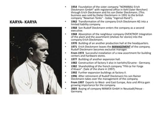 KARYA- KARYA
• 1954 Foundation of the sister company "NORMBAU Erich
Dieckmann GmbH" with registered office in Kehl (later Renchen)
through Erich Dieckmann and his son Dieter Dieckmann. (This
business was sold by Dieter Dieckmann in 1991 to the british
company "Newman Tonks" - today "Ingersol-Rand").
• 1962 Transformation of the company Erich Dieckmann KG into a
limited liability company.
• 1968 Son Rudolf Dieckmann enters the company as a second
executive.
• 1968 Absorption of the neighbour company OVENTROP. Integration
of the plant and the assortment (shelves for stores) into the
company Erich Dieckmann.
• 1970 Building of an another production hall at the headquarters.
• 1971 Erich Dieckmann leaves the MANAGEMENT of the company.
Rudolf Dieckmann becomes exclusive manager.
• From 1972 Successful installation of a new assortment for building
centers and hardware stores.
• 1977 Buillding of another expansion hall.
• 1982 Construction of factory II also in Iserlohn/Gruene - Germany.
• 1982 Shareholding of the french company "FFA-Le Fer Forge
d'Alsace". (Sale of the share in 1997).
• 1992 Further expansion buildings at factory II.
• 1996 After retirement of Rudolf Dieckmann his son Rainer
Dieckmann takes over the management of the company.
• From 1997 Exports to West- and East Europe, Asia und Africa gain
growing importance for the company.
• 2003 Buying of company MAWEX GmbH in Neustadt/Hesse -
Germany.
 