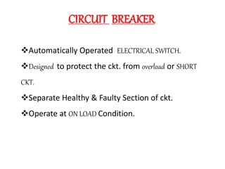 CIRCUIT BREAKER 
Automatically Operated ELECTRICAL SWITCH. 
Designed to protect the ckt. from overload or SHORT 
CKT. 
...