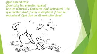 ¿Qué aprendimos?
¿Son todos los animales iguales?
Une los números y Comparte ¿Qué animal es? ´¿En
qué hábitat vive? ¿Cómo se desplaza? ¿Cómo se
reproduce? ¿Qué tipo de alimentación tiene?
 