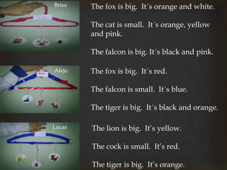 The fox is big. It´s orange and white.
The cat is small. It´s orange, yellow
and pink.
The falcon is big. It´s black and pink.
Brisa
Alejo The fox is big. It´s red.
The falcon is small. It´s blue.
The tiger is big. It´s black and orange.
Lucas The lion is big. It’s yellow.
The cock is small. It’s red.
The tiger is big. It’s orange.
 