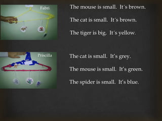 Fabri
Priscilla
The mouse is small. It´s brown.
The cat is small. It´s brown.
The tiger is big. It´s yellow.
The cat is small. It’s grey.
The mouse is small. It’s green.
The spider is small. It’s blue.
 