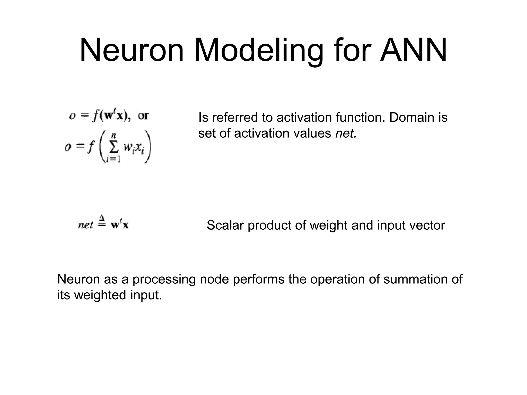 Neuron Modeling for ANN
Is referred to activation function. Domain is
set of activation values net.
Scalar product of weight and input vector
Neuron as a processing node performs the operation of summation of
its weighted input.
 
