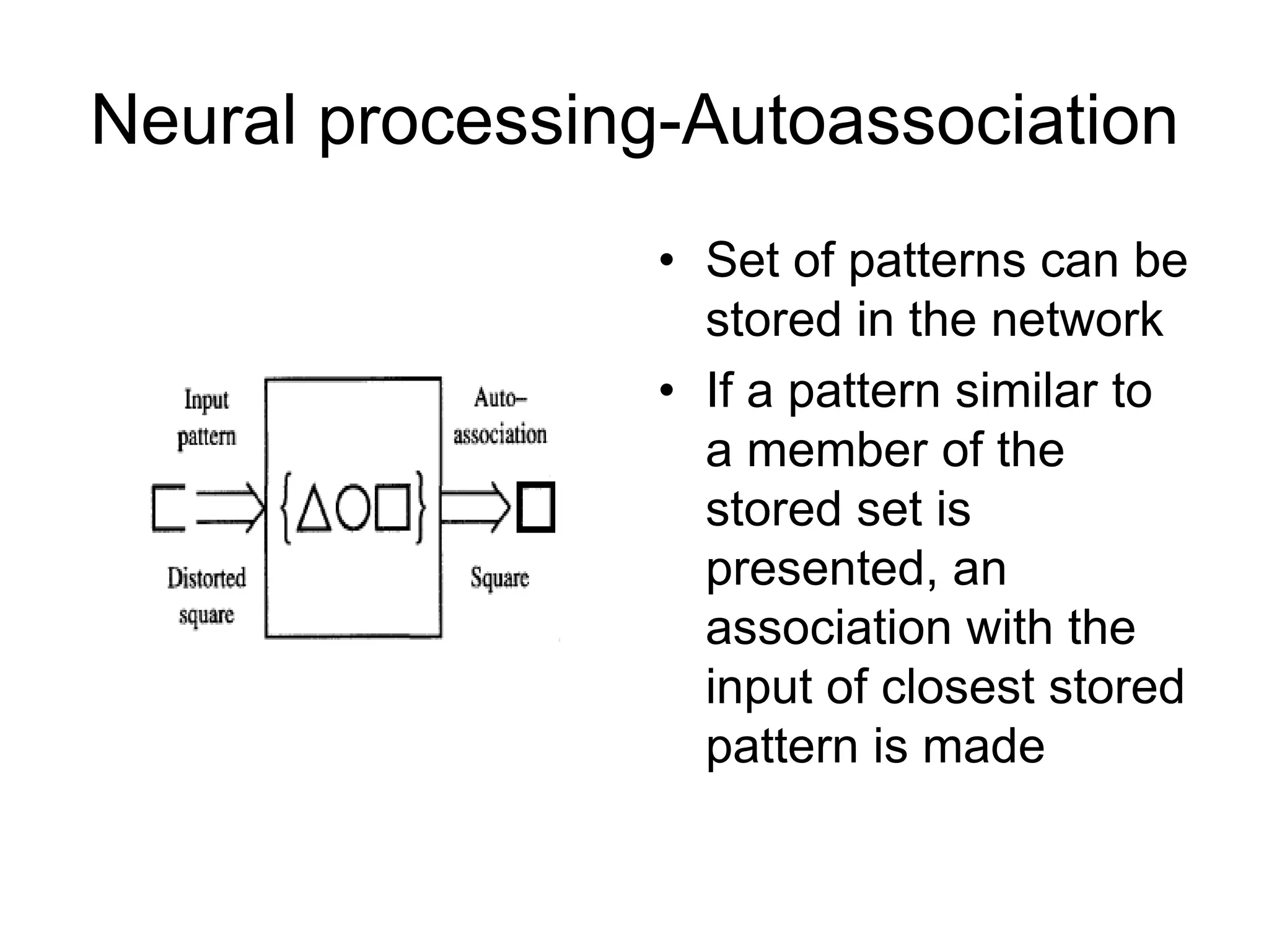 Neural processing-Autoassociation
• Set of patterns can be
stored in the network
• If a pattern similar to
a member of the
stored set is
presented, an
association with the
input of closest stored
pattern is made
 