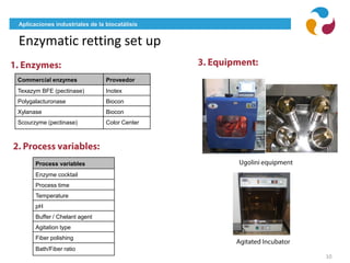 Aplicaciones industriales de la biocatálisis
Enzymatic retting set up
10
Commercial enzymes Proveedor
Texazym BFE (pectinase) Inotex
Polygalacturonase Biocon
Xylanase Biocon
Scourzyme (pectinase) Color Center
Process variables
Enzyme cocktail
Process time
Temperature
pH
Buffer / Chelant agent
Agitation type
Fiber polishing
Bath/Fiber ratio
 