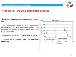 Aplicaciones industriales de la biocatálisis
16
- Enzymatic desizing and scouring in shorter
time.
- An alternative amylase and pululanase
(Dextrozyme) for the desizing/scouring. A
pectinase, humectant, chelating agent and buffer
KH2PO4 are used.
- Process conditions : 62ºC and 60 min at pH 4.1
- Transfer to a second bath for chemical
bleaching.
Process 2: Two step enzymatic process
 