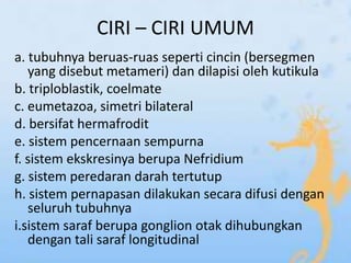 CIRI – CIRI UMUM
a. tubuhnya beruas-ruas seperti cincin (bersegmen
   yang disebut metameri) dan dilapisi oleh kutikula
b....