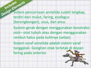 Sistem pencernaan annelida sudah lengkap,
terdiri dari mulut, faring, esofagus
(kerongkongan), usus, dan anus.
System gerak dengan menggunakan konstraksi
otot– otot tubuh atau dengan menggunakan
rambut halus pada kulitnya (setae).
Sistem saraf annelida adalah sistem saraf
tanggatali. Gonglion otak terletak di depan
faring pada anterior.
 