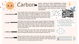 Carbon
Karbon sebenarnya tidak diklasifikasikan sebagai
keramik atau logam, tetapi grafit termasuk dalam
kategori keramik. Karbon memiliki banyak polimorf,
termasuk grafit, intan, fullerene, karbon nanotube,
dan graphene
a. Intan (Diamond)
Intan memiliki struktur serupa dengan ZnS, di mana setiap atom karbon
terikat dengan empat atom karbon tetangganya. Intan adalah material
terkeras yang diketahui, memiliki konduktivitas listrik rendah tetapi
konduktivitas termal yang sangat tinggi. Intan juga transparan terhadap
cahaya dan sinar inframerah. Selain digunakan sebagai perhiasan, intan
sering digunakan sebagai alat pemotong
b. Grafit
Grafit adalah bentuk karbon dengan struktur berlapis heksagonal, dihubungkan
oleh ikatan van der Waals lemah. Memiliki konduktivitas listrik dan termal tinggi,
serta ketahanan terhadap perubahan suhu besar dan koefisien ekspansi termal
rendah. Grafit digunakan luas dalam pelumas, elektrode baterai, pengelasan,
kontainer bahan bakar nuklir, material refraktori, kontak listrik, pembersihan air,
dan proses kimia lainnya
c. Fullerene
Fullerene ditemukan pada tahun 1985. Setiap molekul fullerene terdiri dari 60
atom karbon, sehingga memiliki rumus kimia C60. Atom-atom karbon disusun
dalam pola heksagonal (sebanyak 20) dan pola pentagonal (sebanyak 12)
d. Carbon nanotube
Nanotube karbon adalah silinder yang terdiri dari jutaan atom karbon, dengan
diameter sekitar 100 nm dan panjang ratusan kali diameter. Memiliki kekuatan tarik
antara 50-200 GPa, serta modulus elastis sekitar 1000 GPa (1 TPa). Nanotube karbon
memiliki potensi besar sebagai penguat dalam komposit
100
nm
 