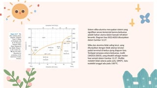 Sistem silika-alumina merupakan sistem yang
signifikan secara komersial karena keduanya
adalah bahan utama dalam banyak refraktori
keramik. Diagram fasa SiO2-Al203 ditunjukkan
dalam Gambar 12.27.
Silika dan alumina tidak saling larut, yang
ditunjukkan dengan tidak adanya larutan
padat terminal di kedua ujung diagram fasa.
Terdapat senyawa antara keduanya, mullit
(3Al2O3-2SiO3), yang diwakili sebagai medan
fase sempit dalam Gambar 12.27. Mullite
meleleh tidak selaras pada suhu 1890°C. Satu
eutektik tunggal ada pada 1587°C.
 