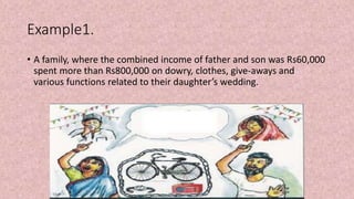 Example1.
• A family, where the combined income of father and son was Rs60,000
spent more than Rs800,000 on dowry, clothes, give-aways and
various functions related to their daughter’s wedding.
 