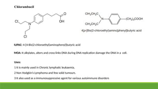 Chlorambucil
IUPAC: 4-[4-Bis(2-chloroethyl)aminophenyl]butyric acid
MOA: It alkylates, alters and cross links DNA during DNA replication damage the DNA in a cell.
Uses:
1 It is mainly used in Chronic lymphatic leukaemia,
2 Non Hodgkin’s Lymphoma and few solid tumours.
3 It also used as a immunosuppressive agent for various autoimmune disorders
 