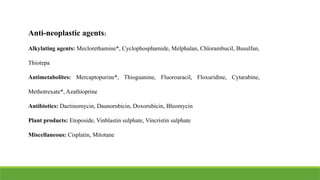 Anti-neoplastic agents:
Alkylating agents: Meclorethamine*, Cyclophosphamide, Melphalan, Chlorambucil, Busulfan,
Thiotepa
Antimetabolites: Mercaptopurine*, Thioguanine, Fluorouracil, Floxuridine, Cytarabine,
Methotrexate*, Azathioprine
Antibiotics: Dactinomycin, Daunorubicin, Doxorubicin, Bleomycin
Plant products: Etoposide, Vinblastin sulphate, Vincristin sulphate
Miscellaneous: Cisplatin, Mitotane
 