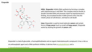 Etoposide
Etoposide is a beta-D-glucoside, a furonaphthodioxole and an organic heterotetracyclic compound. It has a role as
an antineoplastic agent and a DNA synthesis inhibitor. It derives from a podophyllotoxin and a
4'-demethylepipodophyllotoxi
MOA: Etoposide inhibits DNA synthesis by forming a complex
with topoisomerase II and DNA. This complex induces breaks in
double stranded DNA and prevents repair by topoisomerase II
binding. Accumulated breaks in DNA prevent entry into the
mitotic phase of cell division, and lead to cell death
Uses: Etoposide is used to treat testicular cancer and certain
forms of lung cancer (such as small cell lung cancer). Etoposide
works by slowing the growth of cancer cells.
 