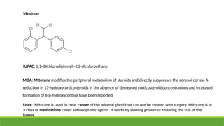 Mitotane
IUPAC: 1,1-(Dichlorodiphenyl)-2,2-dichloroethane
MOA: Mitotane modifies the peripheral metabolism of steroids and directly suppresses the adrenal cortex. A
reduction in 17-hydroxycorticosteroids in the absence of decreased corticosteroid concentrations and increased
formation of 6-β-hydroxycortisol have been reported.
Uses: Mitotane is used to treat cancer of the adrenal gland that can not be treated with surgery. Mitotane is in
a class of medications called antineoplastic agents. It works by slowing growth or reducing the size of the
tumor.
 