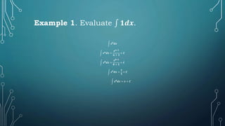 Example 1. Evaluate ∫ 𝟏𝒅𝒙.
𝒙𝟎
𝒅𝒙
𝒙𝒏
𝒅𝒙 =
𝒙𝒏+𝟏
𝒏 + 𝟏
+ 𝑪
𝒙𝟎
𝒅𝒙 =
𝒙𝟎+𝟏
𝟎 + 𝟏
+ 𝑪
𝒙𝟎
𝒅𝒙 =
𝒙
𝟏
+ 𝑪
𝒙𝟎
𝒅𝒙 = 𝒙 + 𝑪
 