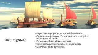 Qui emigrava?
• Pagesos sense propietats en busca de bones terres.
• Ciutadans que tenien por d’acabar sent esclaus perquè no
podien pagar els deutes.
• Persones que fugien de governs tirans.
• Comerciants que volien ampliar els seus mercats.
• Mariners en busca d’aventures.
 