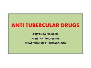 ANTI TUBERCULAR DRUGS
PRIYANKA NAMDEO
ASSISTANT PROFESSOR
DEPARTMENT OF PHARMACOLOGY
 