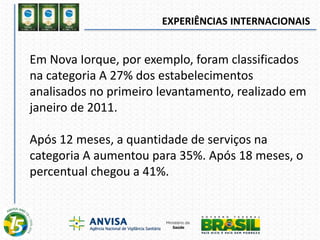 EXPERIÊNCIAS INTERNACIONAIS
Em Nova Iorque, por exemplo, foram classificados
na categoria A 27% dos estabelecimentos
analisados no primeiro levantamento, realizado em
janeiro de 2011.
Após 12 meses, a quantidade de serviços na
categoria A aumentou para 35%. Após 18 meses, o
percentual chegou a 41%.
 