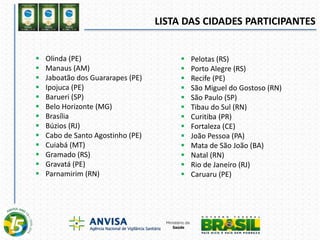 LISTA DAS CIDADES PARTICIPANTES
 Olinda (PE)
 Manaus (AM)
 Jaboatão dos Guararapes (PE)
 Ipojuca (PE)
 Barueri (SP)
 Belo Horizonte (MG)
 Brasília
 Búzios (RJ)
 Cabo de Santo Agostinho (PE)
 Cuiabá (MT)
 Gramado (RS)
 Gravatá (PE)
 Parnamirim (RN)
 Pelotas (RS)
 Porto Alegre (RS)
 Recife (PE)
 São Miguel do Gostoso (RN)
 São Paulo (SP)
 Tibau do Sul (RN)
 Curitiba (PR)
 Fortaleza (CE)
 João Pessoa (PA)
 Mata de São João (BA)
 Natal (RN)
 Rio de Janeiro (RJ)
 Caruaru (PE)
 