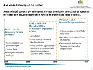 4. A Visão Estratégica do Sector

Angola deverá começar por enfocar no mercado doméstico, priorizando os restantes
mercados com elevado potencial em função da proximidade física e cultural…




                                                                                   27
 