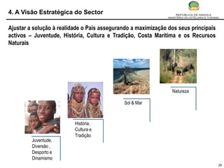 4. A Visão Estratégica do Sector

Ajustar a solução à realidade o País assegurando a maximização dos seus principais
activos – Juventude, História, Cultura e Tradição, Costa Marítima e os Recursos
Naturais




                                                                Natureza

                                             Sol & Mar



                          História,
                          Cultura e
                          Tradição
         Juventude,
         Diversão ,
         Desporto e
         Dinamismo
                                                                                     29
 