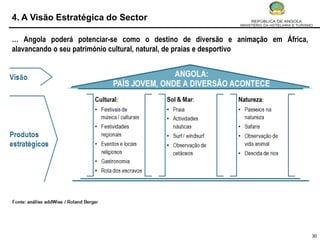 4. A Visão Estratégica do Sector

… Angola poderá potenciar-se como o destino de diversão e animação em África,
alavancando o seu património cultural, natural, de praias e desportivo




                                                                                30
 
