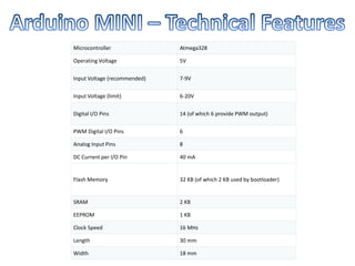 Microcontroller Atmega328
Operating Voltage 5V
Input Voltage (recommended) 7-9V
Input Voltage (limit) 6-20V
Digital I/O Pins 14 (of which 6 provide PWM output)
PWM Digital I/O Pins 6
Analog Input Pins 8
DC Current per I/O Pin 40 mA
Flash Memory 32 KB (of which 2 KB used by bootloader)
SRAM 2 KB
EEPROM 1 KB
Clock Speed 16 MHz
Length 30 mm
Width 18 mm
 