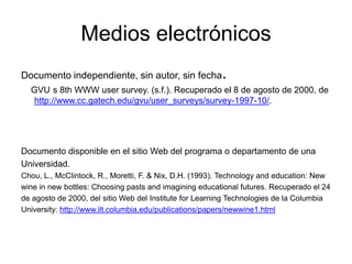 Medios electrónicos
Documento independiente, sin autor, sin fecha.
GVU s 8th WWW user survey. (s.f.). Recuperado el 8 de agosto de 2000, de
http://www.cc.gatech.edu/gvu/user_surveys/survey-1997-10/.
Documento disponible en el sitio Web del programa o departamento de una
Universidad.
Chou, L., McClintock, R., Moretti, F. & Nix, D.H. (1993). Technology and education: New
wine in new bottles: Choosing pasts and imagining educational futures. Recuperado el 24
de agosto de 2000, del sitio Web del Institute for Learning Technologies de la Columbia
University: http://www.ilt.columbia.edu/publications/papers/newwine1.html
 