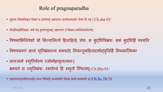 Role of pragnaparadha
• बुद्ध्या प्तिषमप्तिज्ञानं प्तिषमं ि रििानम्| रज्ञापराधं र्ानीयान्मनसो गोिरं प्ति िि् | Ch.sha 01/
• धीधृप्तिस्मृप्तिप्तिभ्रष्टेः कमा यि् कुरुिऽशुभम्| रज्ञापराधं िं प्तिद्याि् सिादोषरकोपणम्
• ववर्माभभननवेशो यो ननत्याननत्ये दहतादहते| ज्ञेयिः स बुद्चधववभ्रंांशिः समां बुद्चधदहष पश्यनत
• ववर्यप्रवणां सत्त्वां धृनतभ्रंांशान्न शक्यते| ननयन्तुमदहतािर्ाषद्धृनतदहष ननयमान्त्मका
• तत्त्वज्ञाने स्मृनतयषस्य रजोमोहावृतात्मनिः|
भ्रंश्यते स स्मृनतभ्रंांशिः स्मतषव्यां दह स्मृतौ न्स्र्तम्|| Ch.Sha 01/
• रज्ञापराधाद्ध्यप्तििानर्ाान् पञ्ि प्तनषिि| सन्धारयप्ति िगांि सिि सािसाप्तन ि| Ch.Su 28/39
31-03-2022 28
 