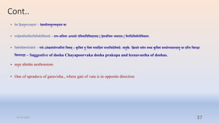 Cont..
• दि प्तद्वर्गुरूपल्लङ्घनं - दिादतनामुल्लङ्घनं िा
• रागद्वषर्प्तनिाप्तभराप्तधप्तभमानोप्तिघािो - राग-जतन ा आियो दतय ातदतिरहादयिः| द्वषजतन ा ीयादयिः| ्रातितीमिनोतिघा िः
• प्तिषोपप्तिषगरोपयोगो - गरो-्नकसंयोगजतन ं तिषम् - कव तरमं ु तिषं गरसंतज्ञ ं नानातिि्रौषि्िः संयुक्त् िः तक्रय यिन च्च कव तरमं सम्प्योगि्ादा्ु िा हतन् तचराद्वा
तचर राद्वा – Suggestive of dosha Chayapoorvaka dosha prakopa and leenavastha of doshas.
• िायुना रप्तिलोमन स्िप्नप्तिन्िापरायणेः
• One of upradava of garavisha., where gati of vata is in opposite direction
31-03-2022 37
 